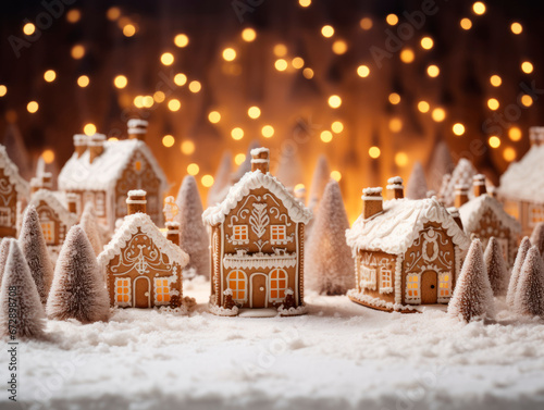 Christmas village of gingerbread houses in neutral tones. Celebrating Christmas. New Year's celebration.