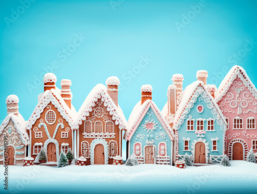 Christmas village of gingerbread houses in blue tones. Celebrating Christmas. New Year's celebration. 