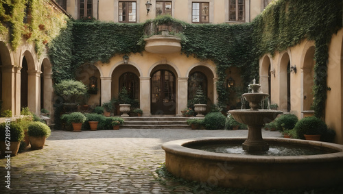 A charming European-style courtyard with cobblestone pathways, ivy-covered walls, and a tranquil fountain. © xKas