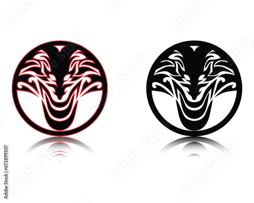 vector design of two engraved symbols or tattoos in the shape of a round or circle in the shape of a snake or dragon's head, one black and red and the other plain black