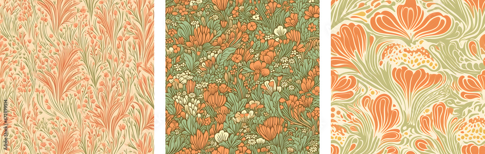 A set for printing seamless patterns depicting flowers in retro style and soft colors. Pastel colors, abstraction. Design for print, poster, banner, textile. peach fuzz 2024 color	