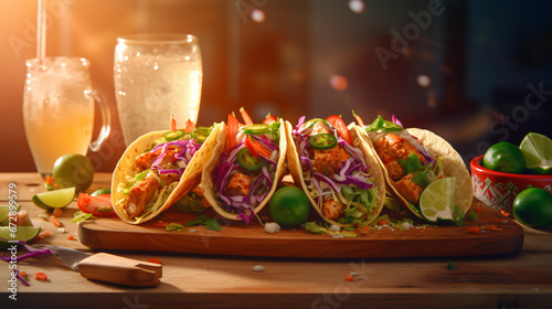tacos on a wood plate, soda, condiemnts, on a table, blurred background, food, table, dinner, salad, meal, plate, restaurant, buffet, lunch, banquet, gourmet, dish, catering, cheese, snack, healthy