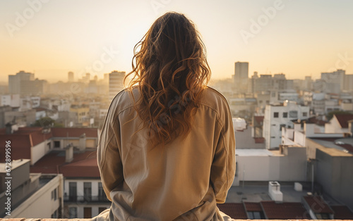 Back view shot a young brunette girl in a light jacket sits on the roof of a high-rise building overlooking the city. 