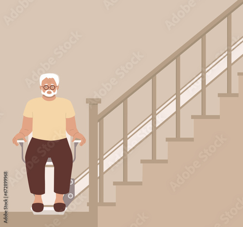 Old man using automatic stair lift on a staircase, front view