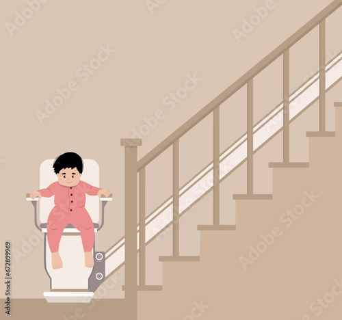 child using automatic stair lift on a staircase, front view