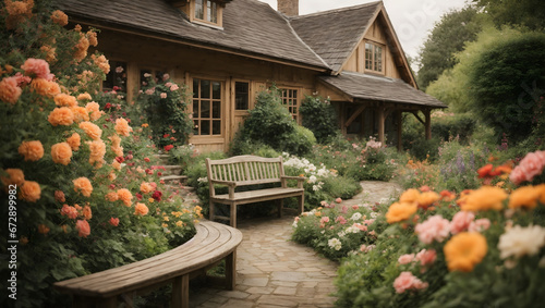 A flower-filled cottage garden with winding paths, trellises, and a charming wooden bench.