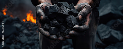 black coal in man hands, heavy industry cocept with raw heat materials. photo