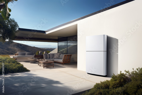 Battery packs are an alternative energy storage system for the home garage wall, serving as a backup or sustainable energy concept. Powerwall batteries stand out on stylish wall at twilight.