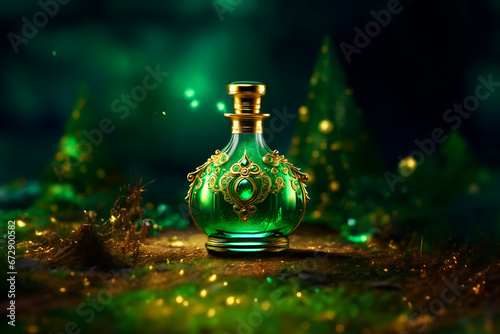 Gold embroidered, unique and green magic elixir potion bottle - Generative AI