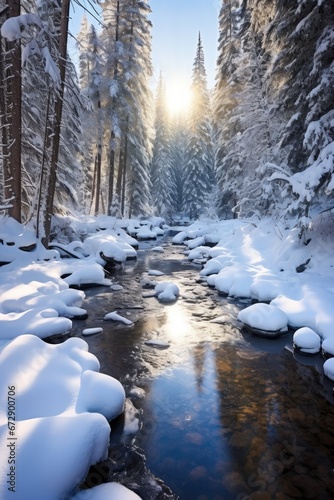 Winter Snow Forest, Beautiful Scenery, Generative AI © XiaoYu