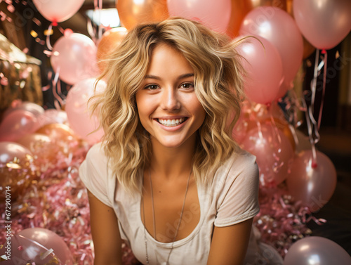 blonde woman with pink balloons having fun at a party photo
