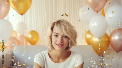 blonde woman with pink balloons having fun at a party