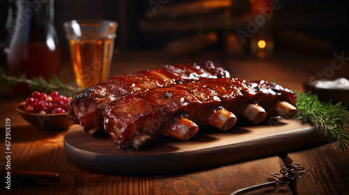 pork ribs on a wood plate soda condiemnts on a table blurred background, food, meat, meal, beef, sauce, pork, plate, grilled, dinner, cuisine, dish, steak, delicious, roasted, baked, barbecue, gourmet