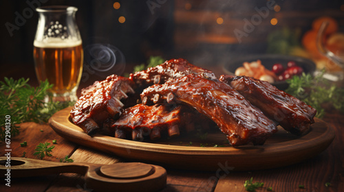 pork ribs on a wood plate soda condiemnts on a table blurred background, food, meat, meal, beef, sauce, pork, plate, grilled, dinner, cuisine, dish, steak, delicious, roasted, baked, barbecue, gourmet photo