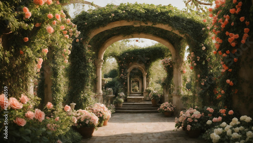 A secret garden hidden behind a vine-covered archway, filled with blooming flowers and whimsical sculptures. © xKas