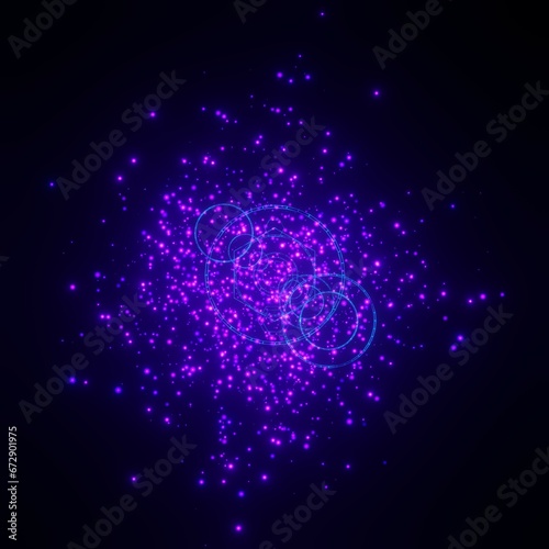 Purple magic signs on a circle. Spell effect with sparks and runes