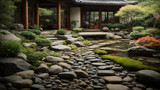 A Zen-inspired meditation garden with a stone pathway, a koi pond, and carefully arranged rocks and plants.