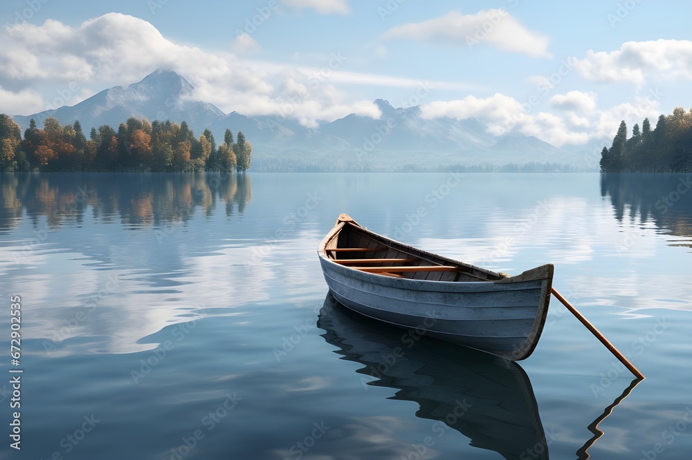 A tranquil rowboat on a calm, reflective lake.
