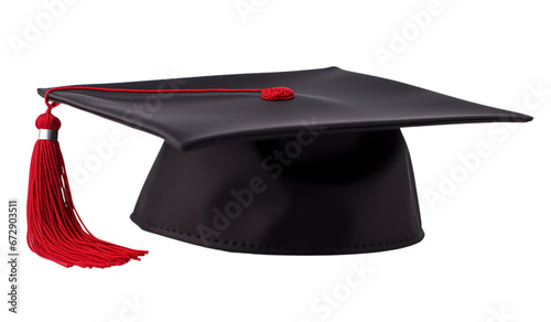 Black Graduation Cap with Red Tassel Isolated on transparent Background, Graduate cap hat with tassel student academic cap