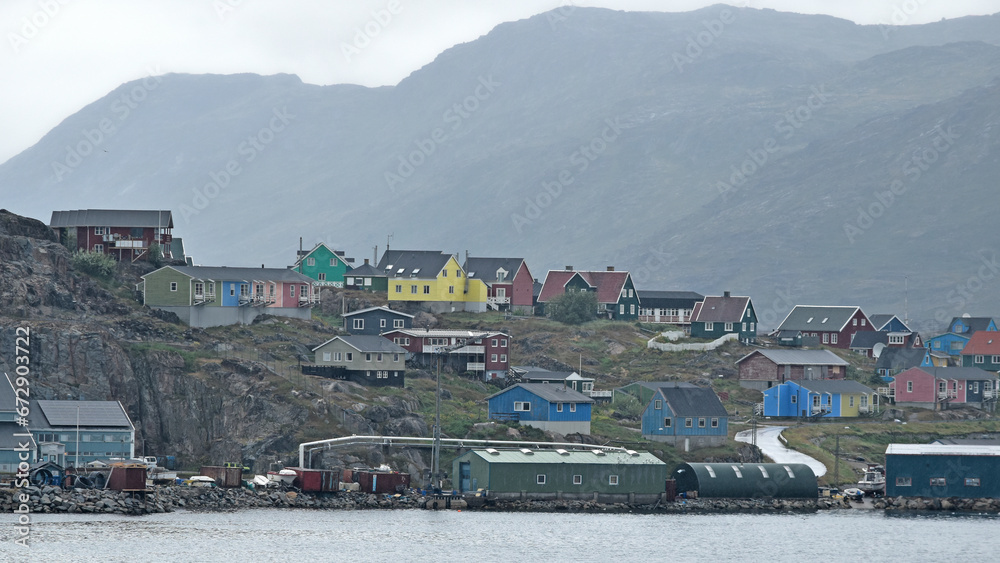 Colorful buildings brighten the drab days in Qaqortoq, Greenland
