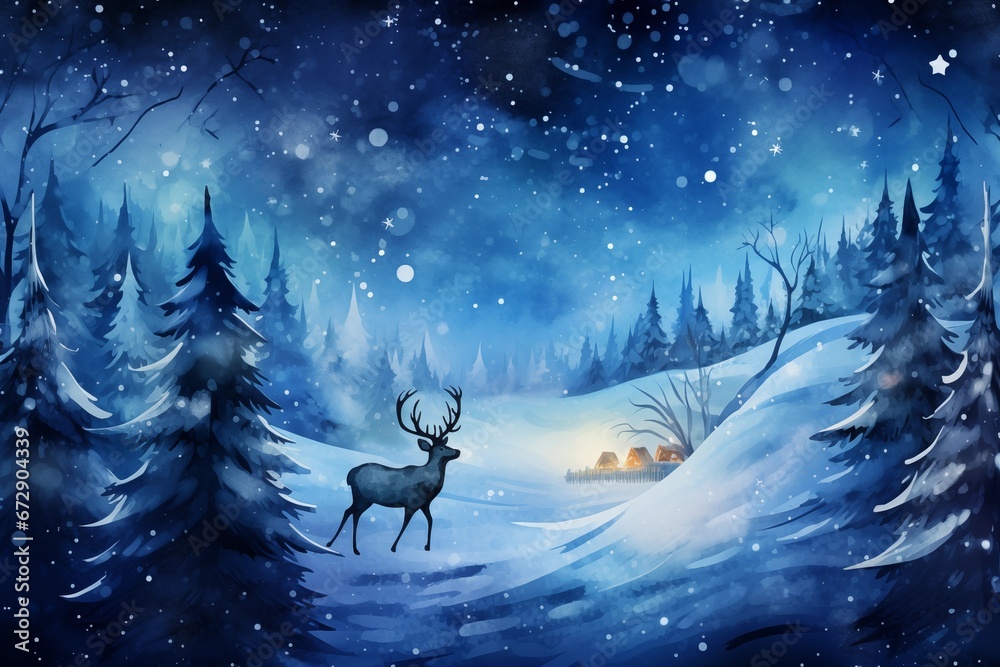 Christmas poster, greeting card, reindeer, fir forest, christmas night, winter