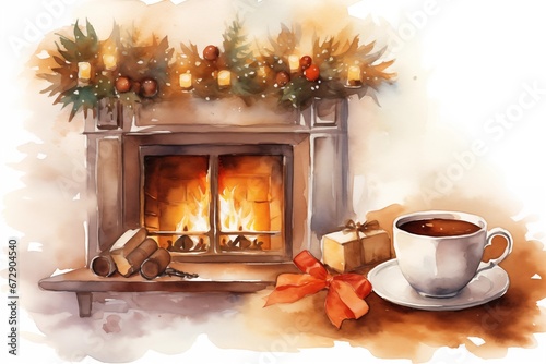 Watercolor-Painted Christmas Card: Fireplace, Decorated Tree, Gifts, and a Cozy Festive Home Ambiance