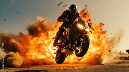 Extreme motocross stunts with explosion, dynamic motorcycle sport 