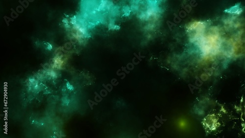 Green realistic cosmos backdrop. Starry nebula with stardust and milky way. Color galaxy and shining stars.
