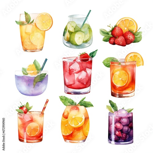 Summer cocktails, bright color, with slices of fruits, isolated with white background