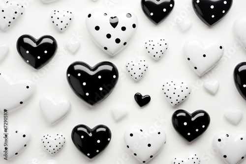 Black and white hearts of different sizes on white background