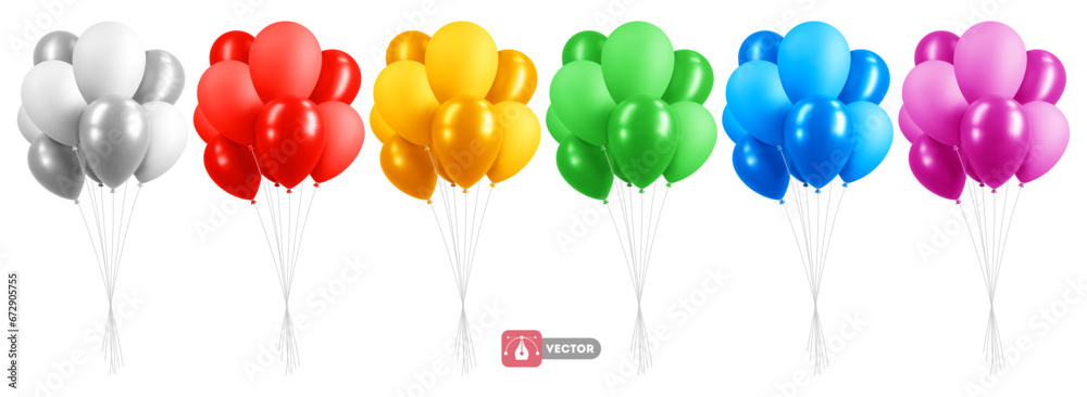 Set of 3d realistic colorful bunch holiday balloons. Rainbow colors and white, matte and glossy. Fun inflatable balloons flying in the air, decorations for birthday, other events. Vector illustration - obrazy, fototapety, plakaty 