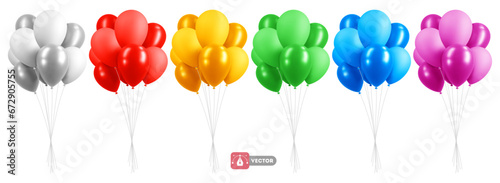 Set of 3d realistic colorful bunch holiday balloons. Rainbow colors and white, matte and glossy. Fun inflatable balloons flying in the air, decorations for birthday, other events. Vector illustration photo