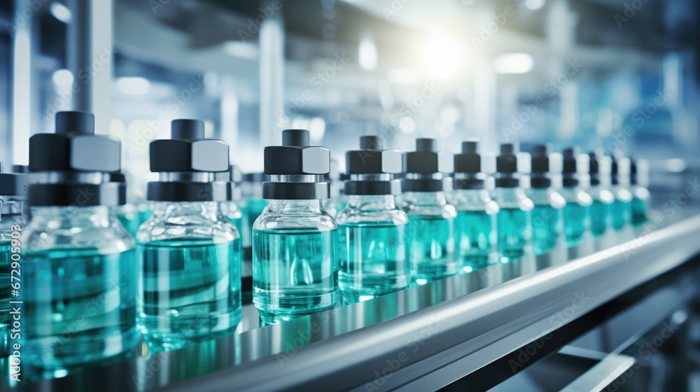 Pharmaceutical factory production line with automated machinery and conveyor belts. Glass vials filled with colored liquids are being manufactured in a well-lit facility