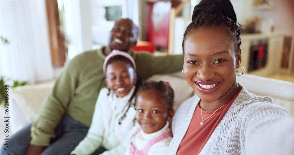 Happy, African family and selfie in home, living room or parents, kids and relax on lounge, sofa or couch on holiday. Mom, dad and portrait of children with a smile and happiness on social media Happy, African family and selfie in home, living room or parents, kids and relax on lounge, sofa or couch on holiday. Mom, dad and portrait of children with a smile and happiness on social media