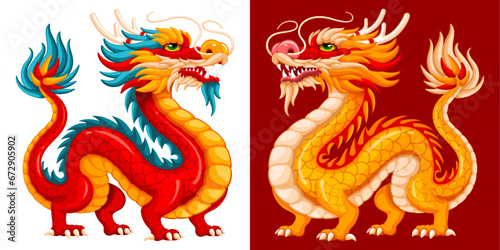 Chinese dragon funny vivid character, red and yellow color, drawing in cartoon style. Symbol of 2024 Chinese New Year, year of the dragon by lunar calendar. Vector illustration