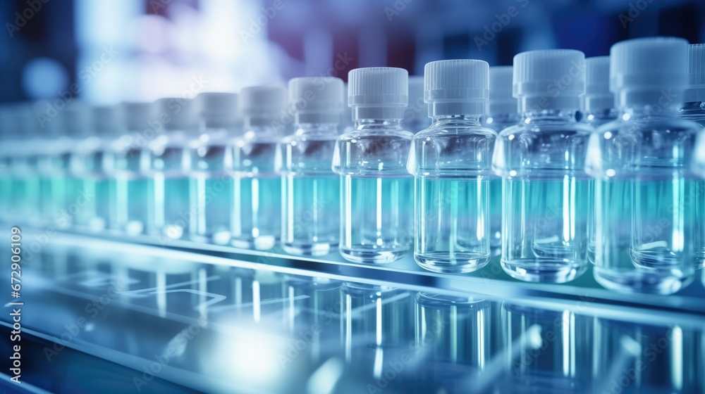 A close-up view of a pharmaceutical production line with aligned vials being filled, sealed, labeled, and packaged with precision and efficiency A close-up view of a pharmaceutical production line with aligned vials being filled, sealed, labeled, and packaged with precision and efficiency