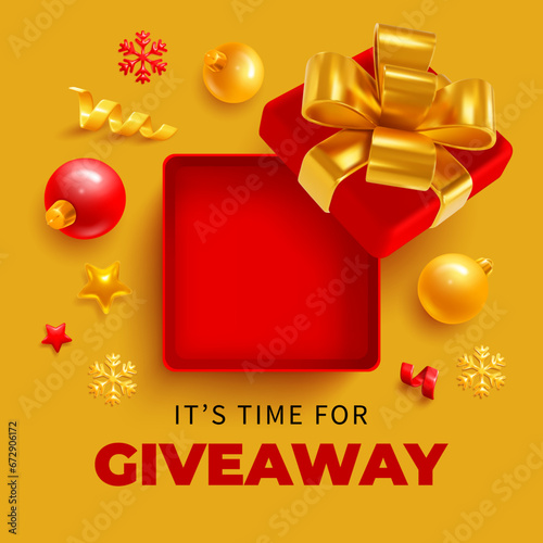It is time for Giveaway, sale or win, conceptual advertising banner template. 3d realistic open gift box, top view, fir tree balls, snowflakes and tinsel on yellow background. Vector illustration