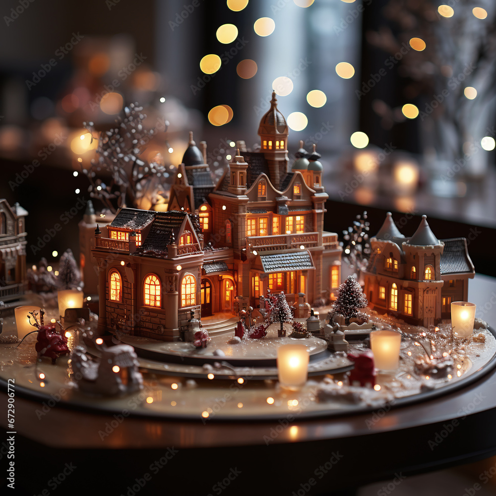 Background toy decoration winter Christmas village illuminated