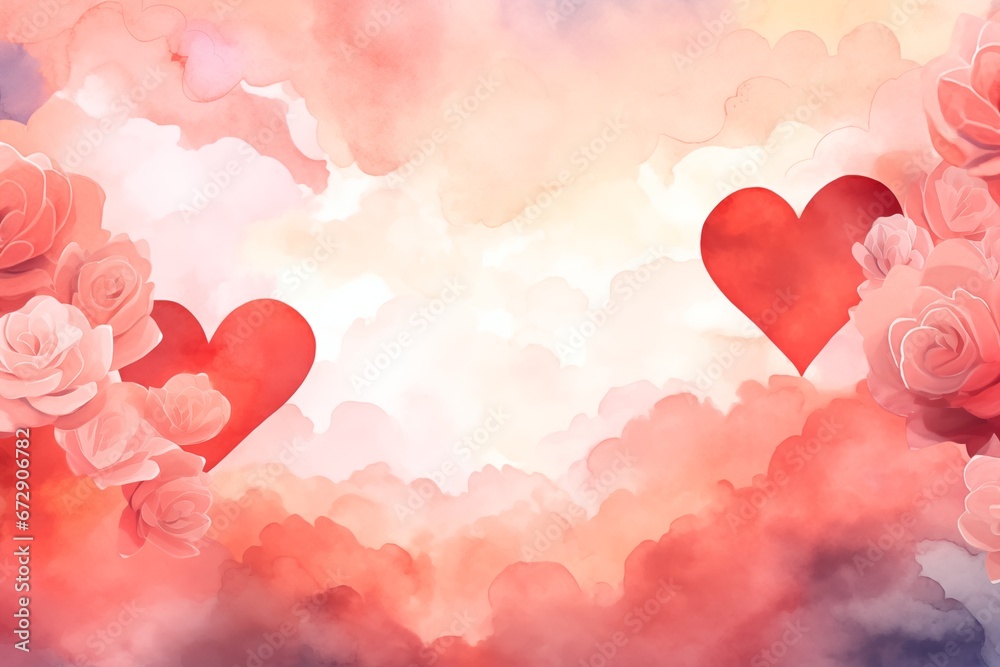 Watercolor Valentine's Day card, background frame image, hearts and romantic roses Watercolor Valentine's Day card, background frame image, hearts and romantic roses