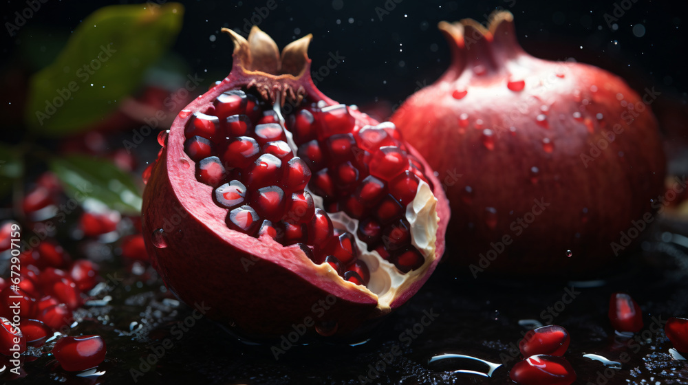 Delicious beautiful pomegranate on dark background. Close-up image of a red pomegranate Delicious beautiful pomegranate on dark background. Close-up image of a red pomegranate