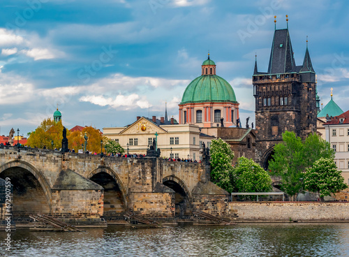Prague cityscape with Old Town Bridge Tower and Charles bridge over Vltava river, Czech Republic © Mistervlad