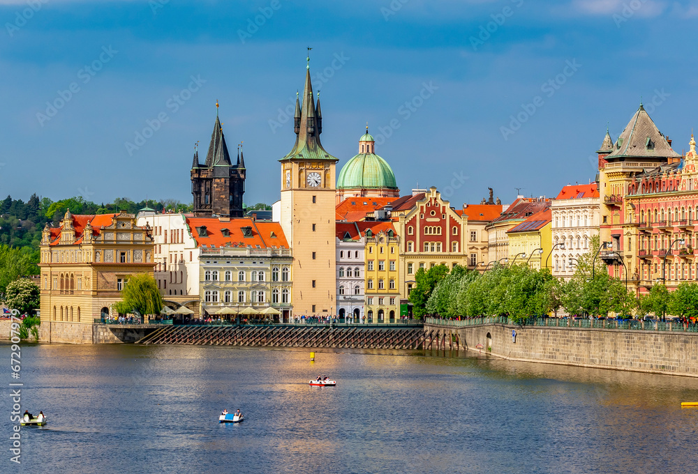 Prague cityscape along Vltava river, Czech Republic