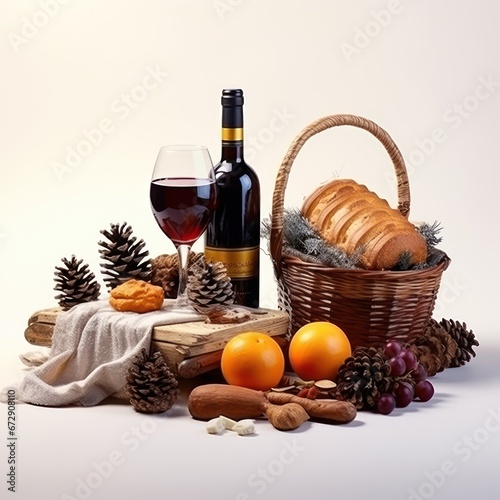 Wine, basket with grapes and apples. Gingerbread. Igredients for mulled wine isolated on white background