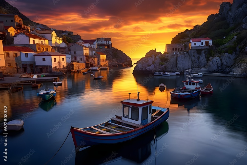 A picturesque fishing village at sunset.
