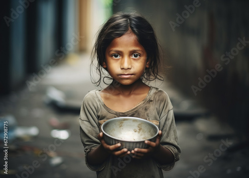 Poor, hungry neglected, dirty girl holding empty metal plate. Poverty, misery, migrants, homeless people, war