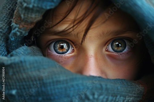 Beautiful blue eyes of poor, hungry girl. Poverty, misery, migrants, homeless people, war concept