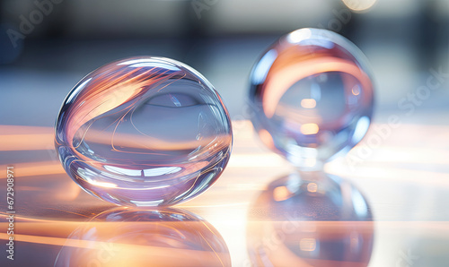 Transparent glass orbs with intricate reflections.