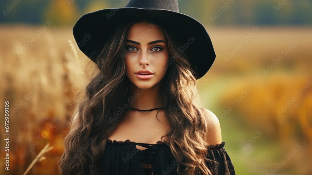 Pretty young lady in witch costume celebrating Halloween festival