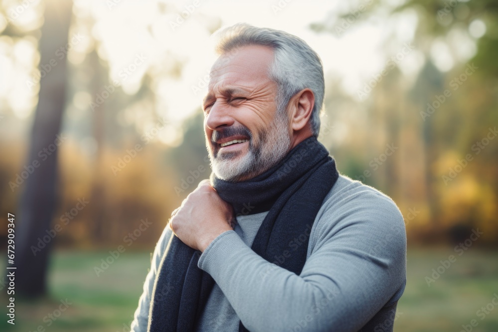 Fototapeta premium Shoulder pain. Mature man suffering from arthritis in the shoulder joint Holding your sore shoulder