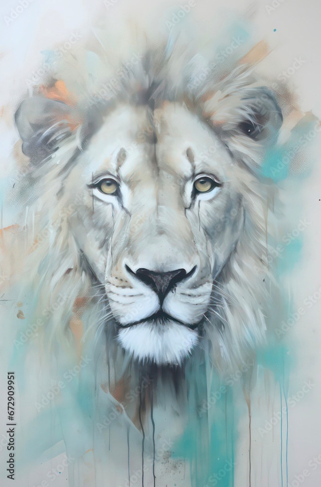 Artistic portrait of a rare white lion, abstract oil painting.